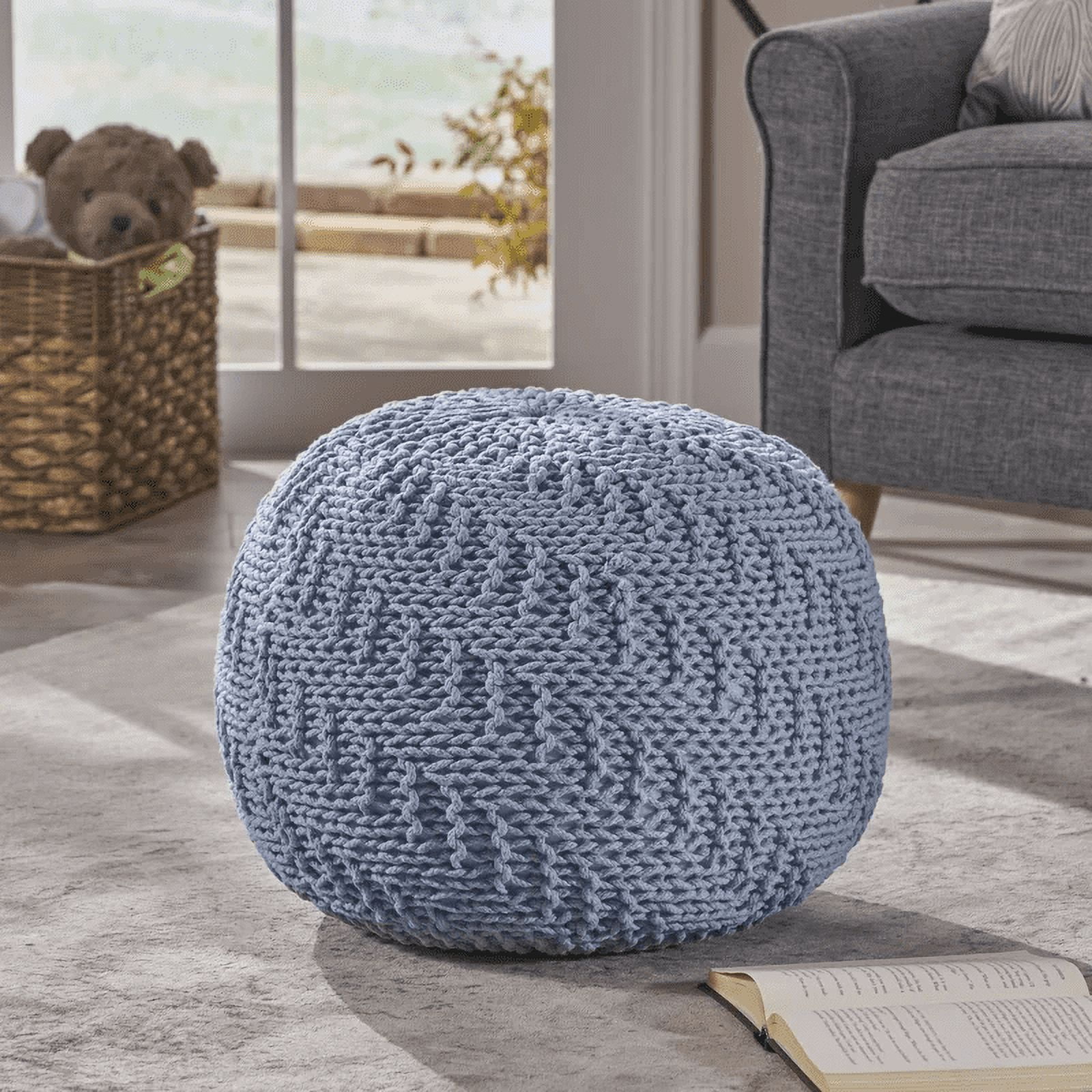 Round Knitted Pouf Ottoman Foot Rest for Couch Teal Cotton Footstool Great for Living Room Bedroom Nursery or Patio Decor