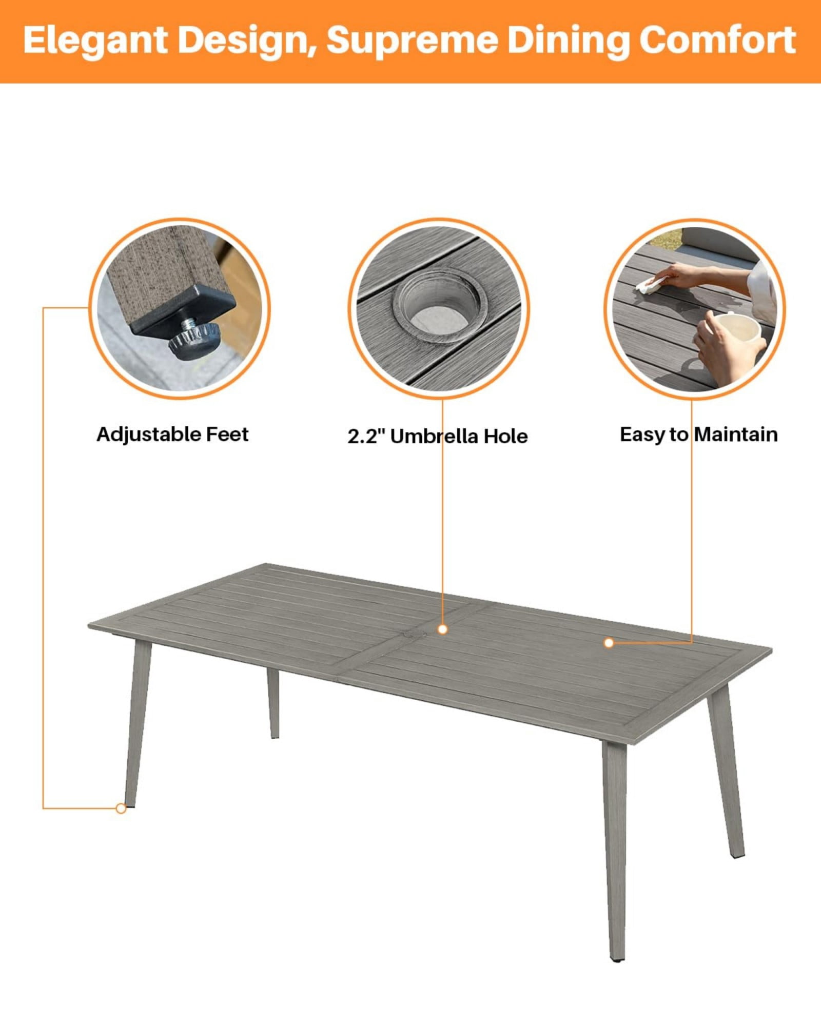 Outdoor Patio Dining Table for 8, Aluminum Outdoor Dining Table with Umbrella Hole, All Weather Patio Table for Garden, Deck, Porch, Lawn, Backyard Furniture, Gray
