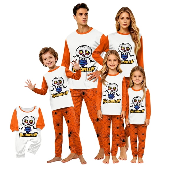 Halloween Pajamas, Halloween Matching Family Pajamas Orange Skeleton Print Long Sleeve Two Piece Pj Set Spooky Sleepwear Nightwear Loungewear Fall Holiday Family Photos