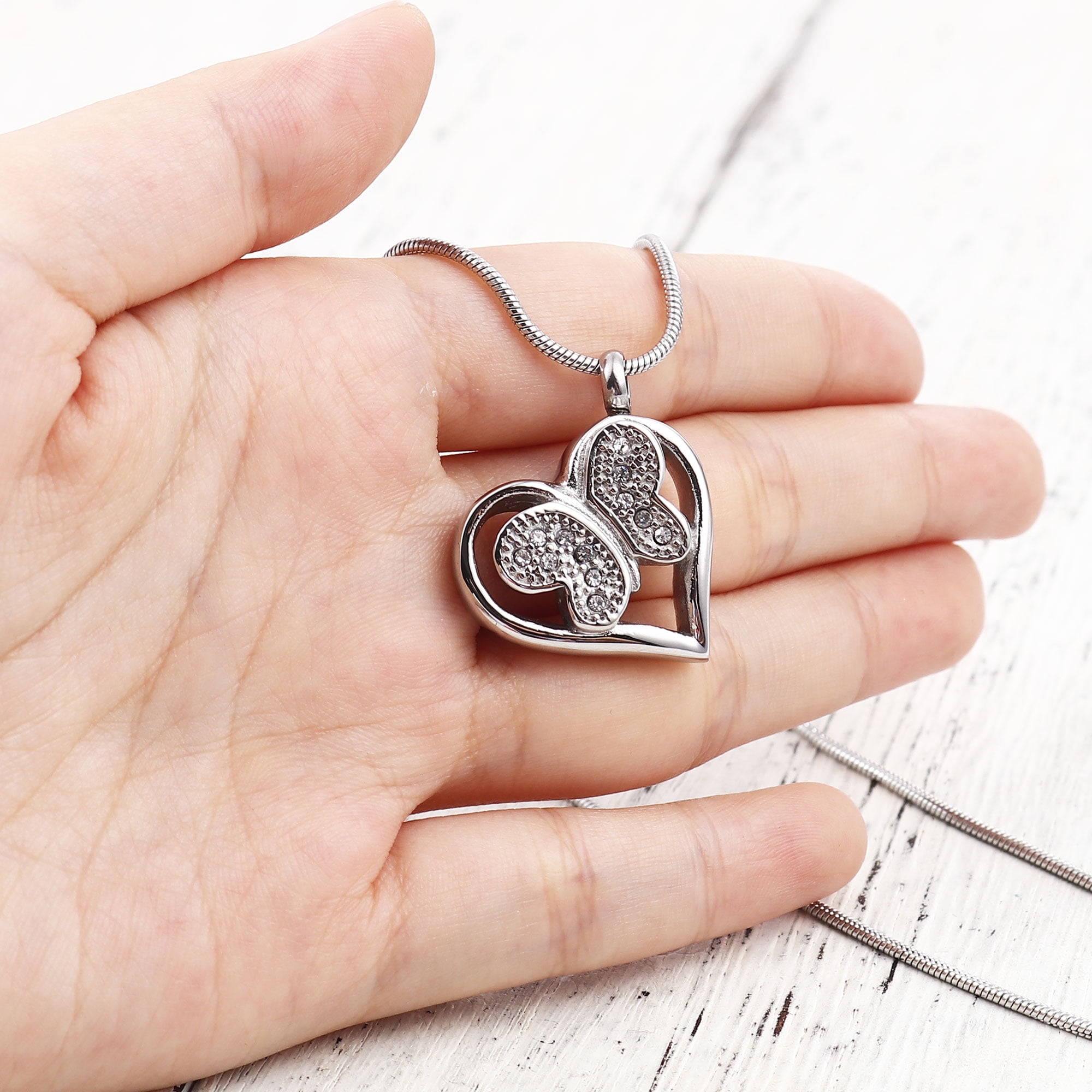 Women's Funeral Stainless Steel Crystal Rhinestone Butterfly Heart Cremation Ashes Holder Keepsake Memorial Pendant Necklace with Funnel Kit and Velvet Jewelry Kit