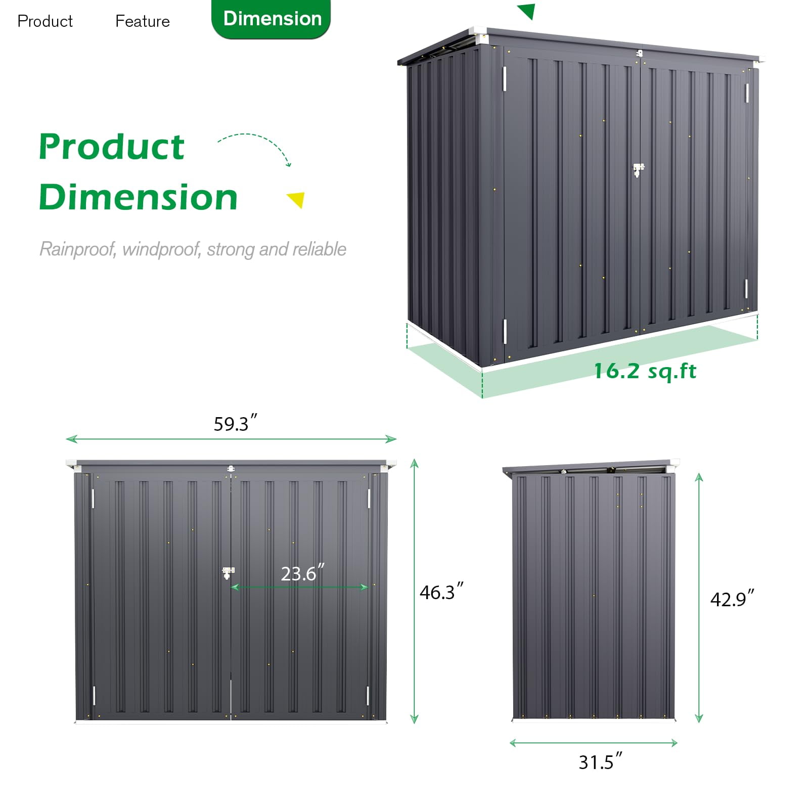 AECOJOY 46 Cu ft. Outdoor Horizontal Storage Shed Wastebasket Enclosure Container Metal Garbarge Shed in Gray