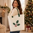 thumbnail image 5 of Christmas Holly Tote Bag for Women, Cream Holiday Handbag with Green Handles, Large Festive Everyday Carry Bag with Spacious Interior, 5 of 6