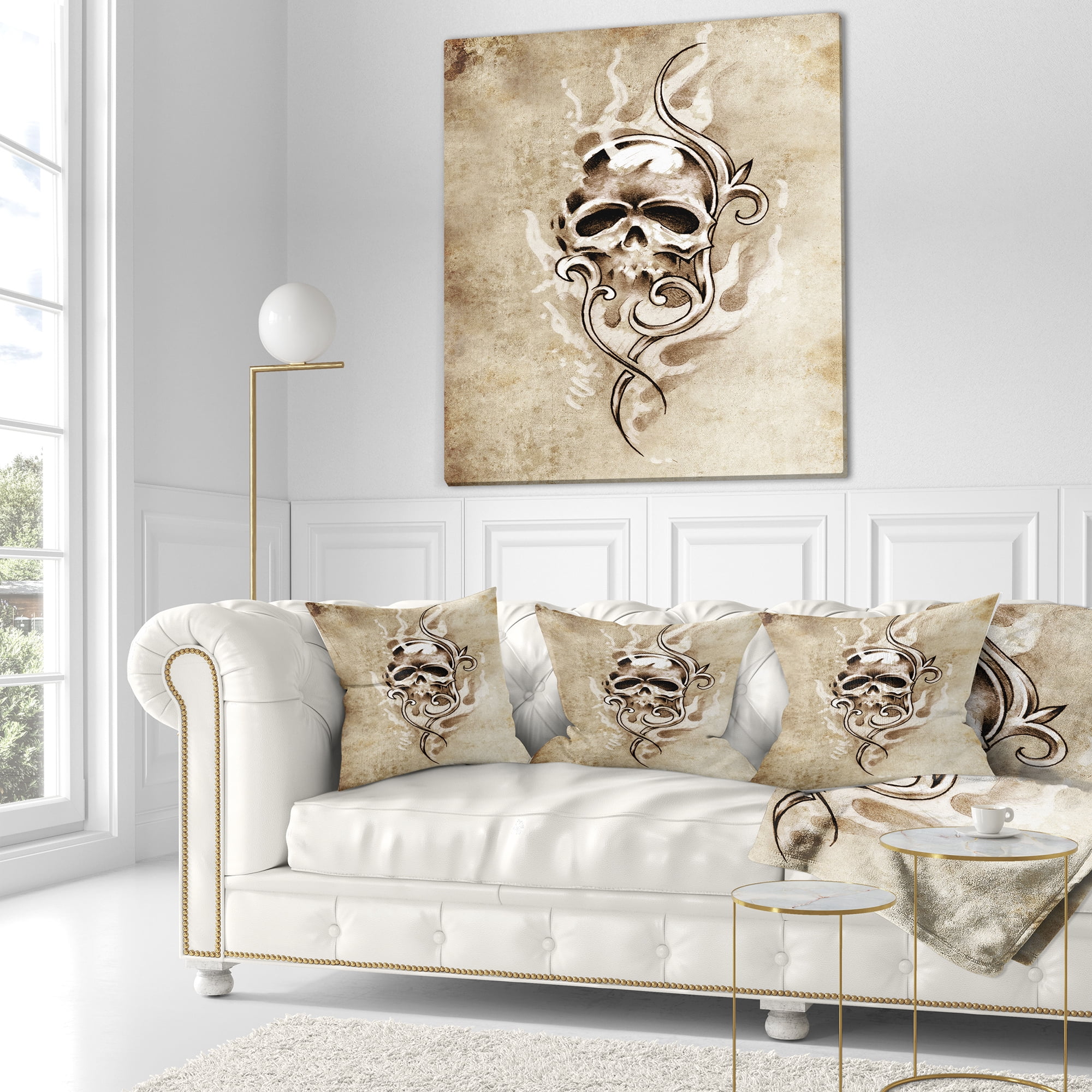 Designart Vintage Style Skull Devil Tattoo - Abstract Throw Pillow - 18x18