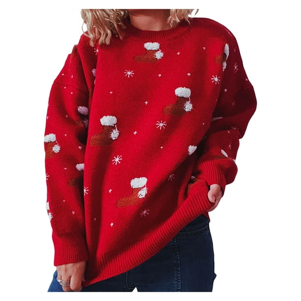 TRKIYQC Tops de punto de Navidad para mujer, calcetines de manga larga con cuello redondo, suéter informal suelto estampado TRKIYQC moda