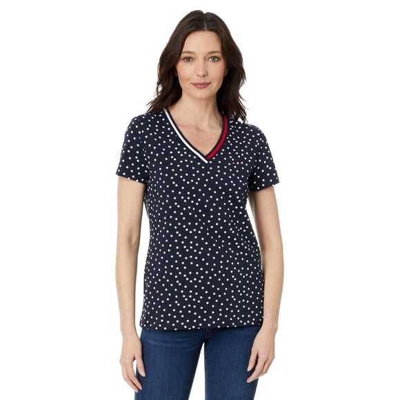 Camiseta Tommy Hilfiger de manga corta con cuello en V y lunares para mujer