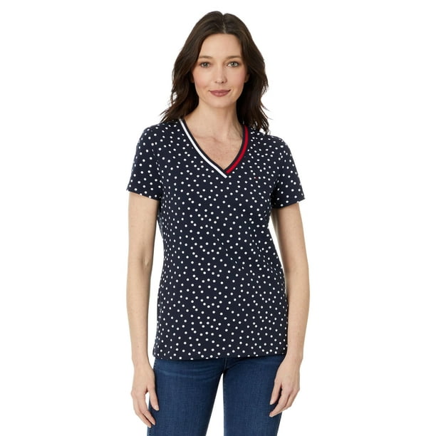 Camiseta Tommy Hilfiger de manga corta con cuello en V y lunares para mujer