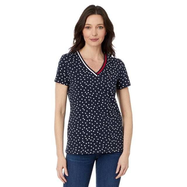 Camiseta Tommy Hilfiger de manga corta con cuello en V y lunares para mujer