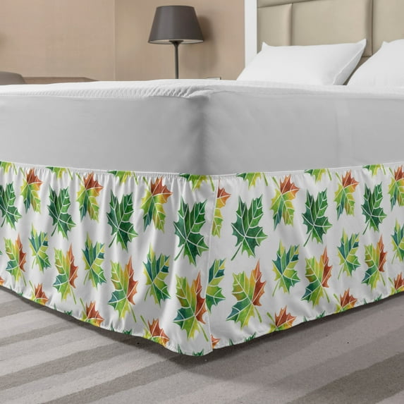 Autumn Bed Skirt, Natural Colorful Season Maple Leafs Hand-Drawn on a Plain Background, Elastic Bedskirt Dust Ruffle Wrap Around for Bedding Decor, 4 Sizes, Fern Green and Cinnamon, by Ambesonne