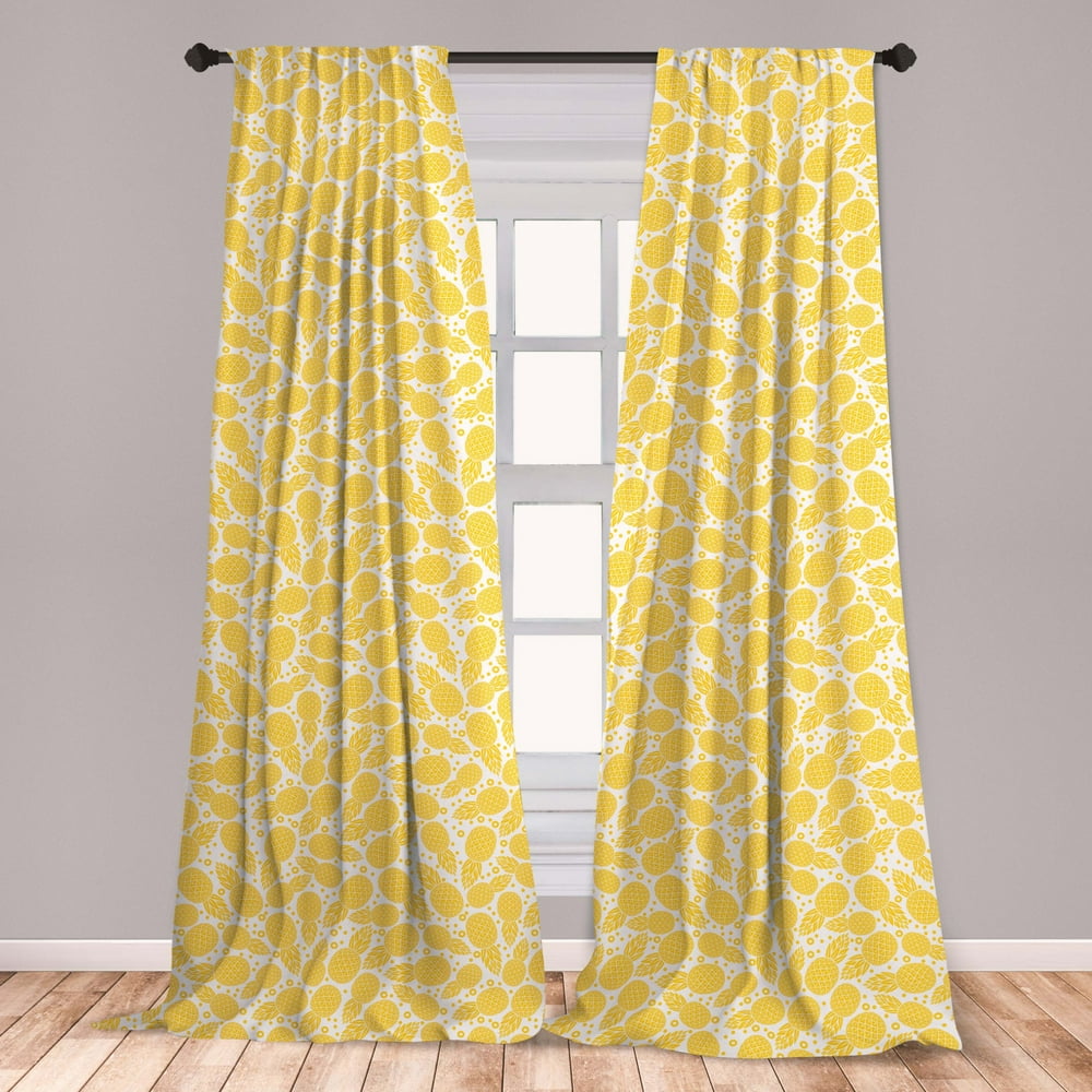 Yellow Curtains 2 Panels Set, Yellow Tropical Exotic Pineapple Fruit