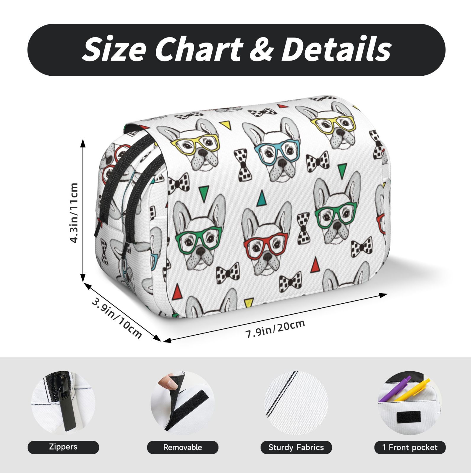 Rateoe Cute French Bulldog Pattern Double Clamshell Pen Case, Storage Organizer with Two Zipper Compartments– Holds Up to 50 Pencils & Pens