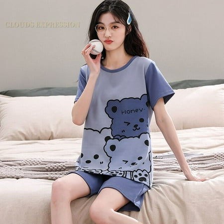 

QWZNDZGR Summer 100% Cotton Cartoon Print Couple Pajama Sets Pyjamas Kawaii Sleep Lounge Short Yellow Sleepwear Suits Pajamas for Lovers