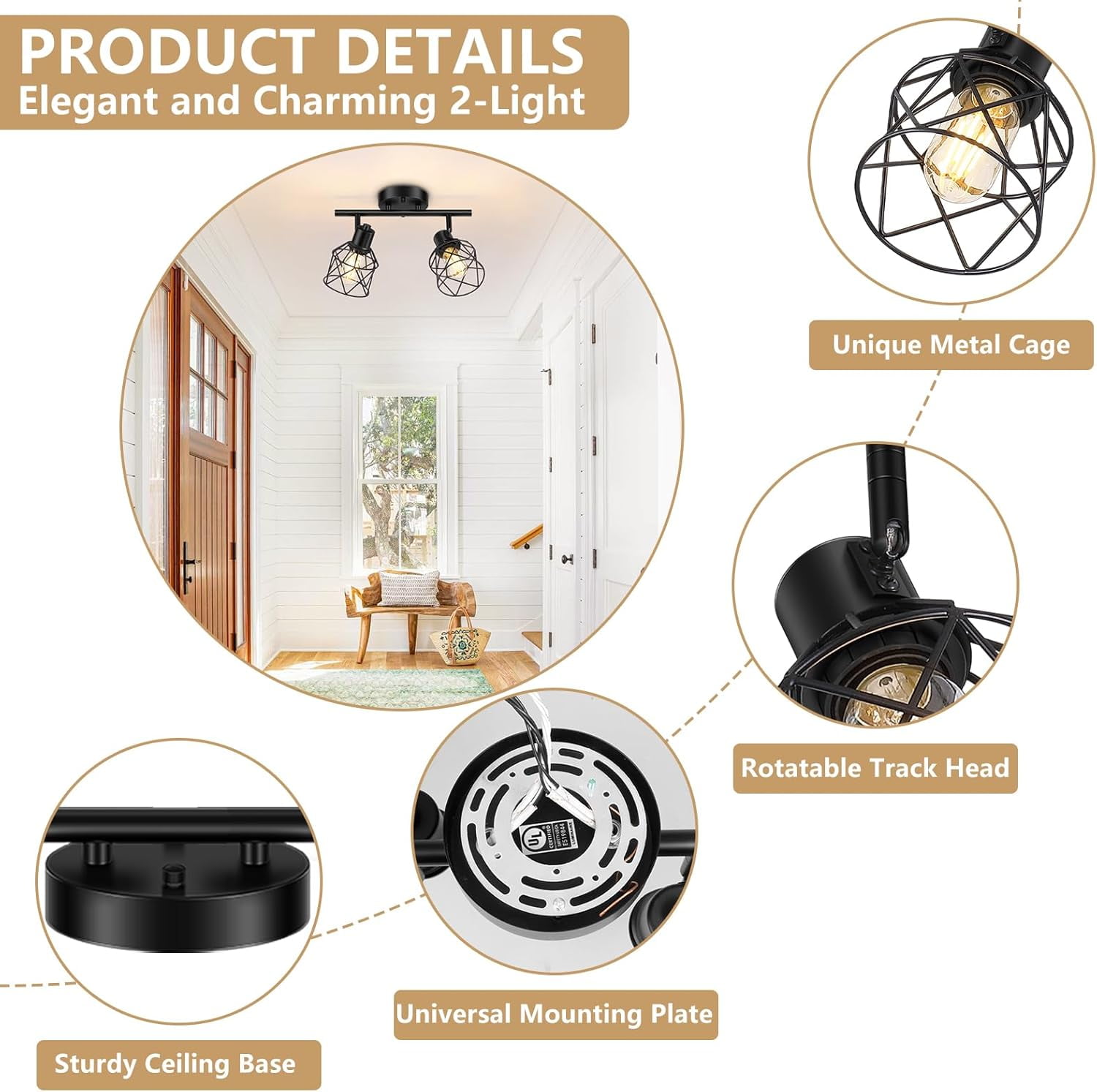 Industrial Track Lighting Kit 2 Light Modern Track Lighting Fixtures Flush Mount Ceiling Light Rotatable Light Head E26 Base Ceiling Spotlight for Kitchen Dining Room Hallway