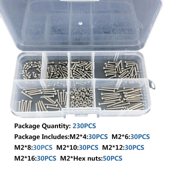 230Pcs M2 with Nut 304 Stainless Steel Hexagon Socket Screws Nuts Assortment Kit