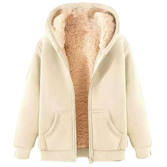 BODOAO Womens Zip Up Hoodies Sherpa Lined Fleece Thermal Jacket Full Zip Winter Warm Thick Coats Pockets Autumn Winter Solid Neck Long Sleeve Pocket Sweatshirt Tops Zipper Coat Beige 4Xl