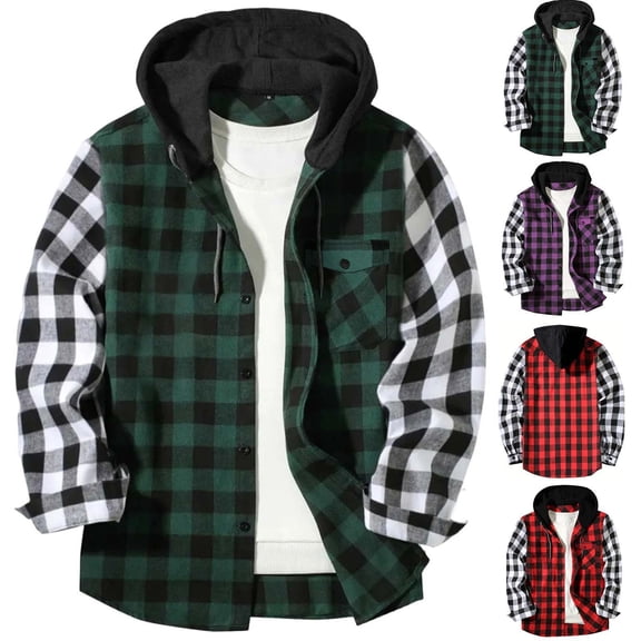 Men Casual Patchwork Fashion Plaid Hooded Button Long Sleeve Shirt Blouse