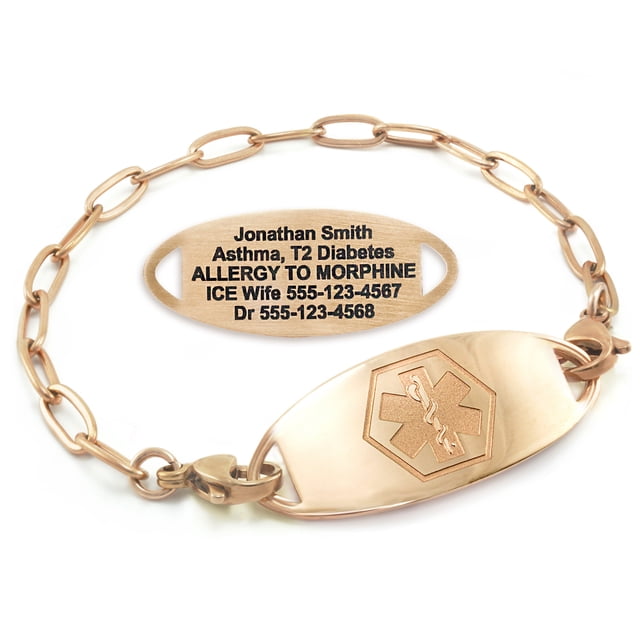 MedicEngraved Rose Gold Stainless Steel Custom Medical Alert Bracelet - 4mm Paperclip Link