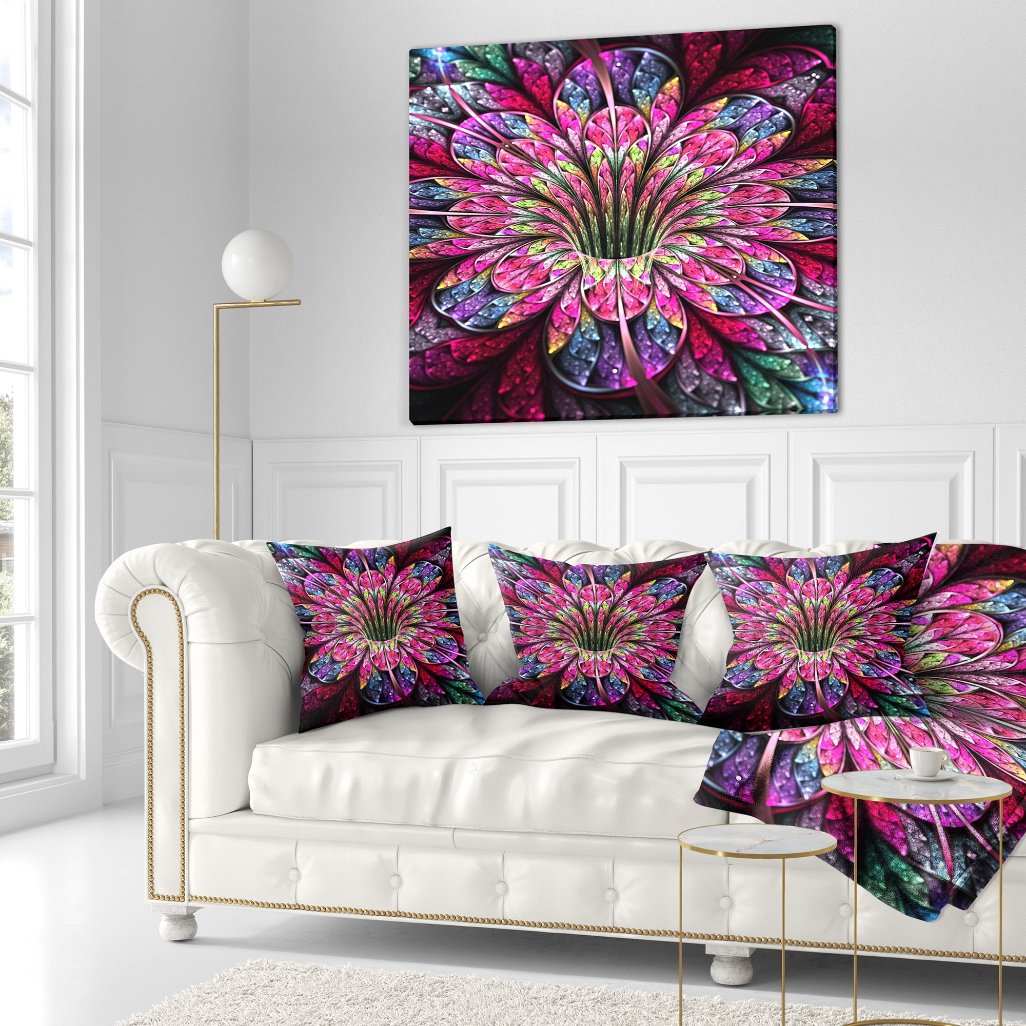 Designart Pink Blue Colorful Flower - Floral Throw Pillow - 18x18