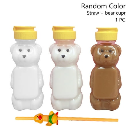 

250ml Couples Water Bottle Cute Bear Juice Straw Cup Speech Therapy With Lid
