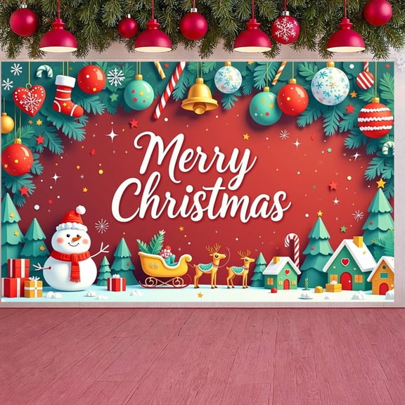 Red Theme Merry Christmas Banner Christmas Ornaments Xmas Display Snowman Design Reindeer Pattern Holiday Backdrop for Christmas Party Holiday Celebration Indoor Decoration