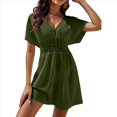 thumbnail image 2 of Vestido Informal de Verano para Mujer, Liso, con Escote en V, Volantes, Corta, Holgado, Verde , Talla S, 2 of 8