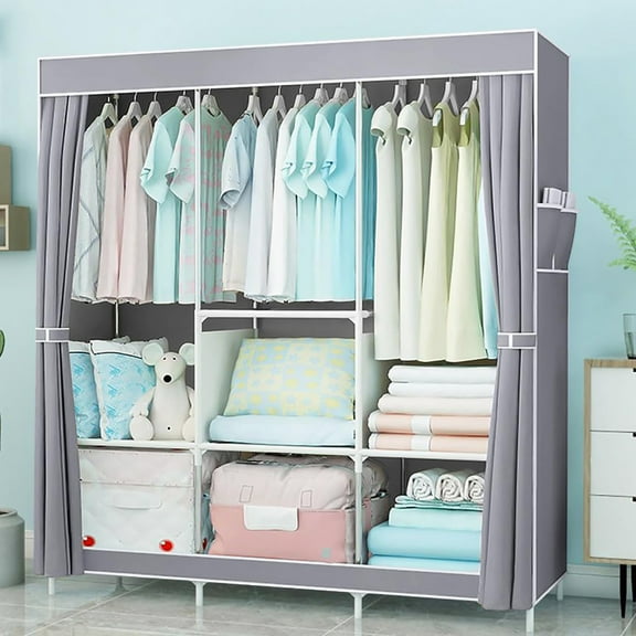 Boakaler Portable Closet Storage with 7 Shelves 3 Hanging Rod, Non-woven