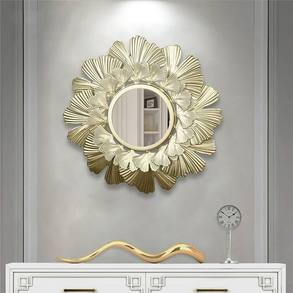 Gold Leaf Iron Art Round Wall Mirror with Small Butterfly Accent – Elegant Decorative Hanging Mirror for Living Room, Bedroom, Office & Entryway – Durable, Easy-to-Install Focal Point (Outer Diameter