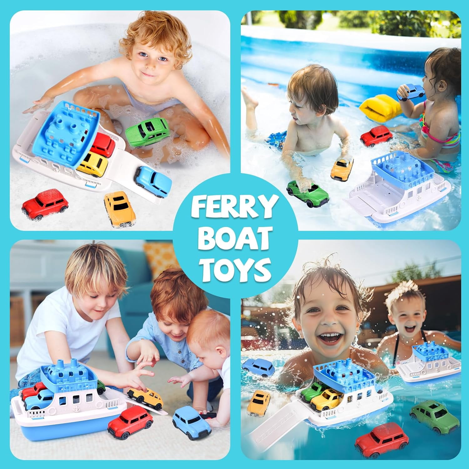 9 Pcs Toy Boat Bath Toys for Toddlers with 4 Mini Car Toys and 4 Bath Boat Squirters,Pool Beach Toys Floating Ferry Boat,Birthday Gift for Boys Girls 1-4