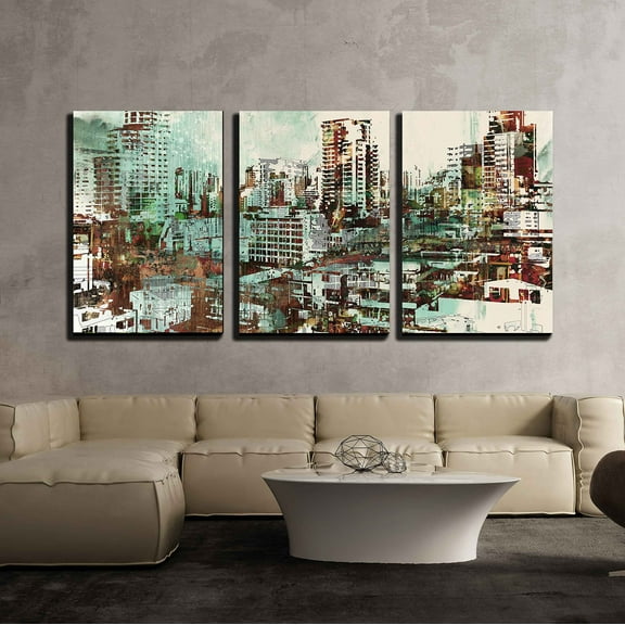 wall26 - 3 Piece Canvas Wall Art - Cityscape with Abstract Textures,Illustration Painting - Modern Home Art Stretched and Framed Ready to Hang - 16"x24"x3 Panels