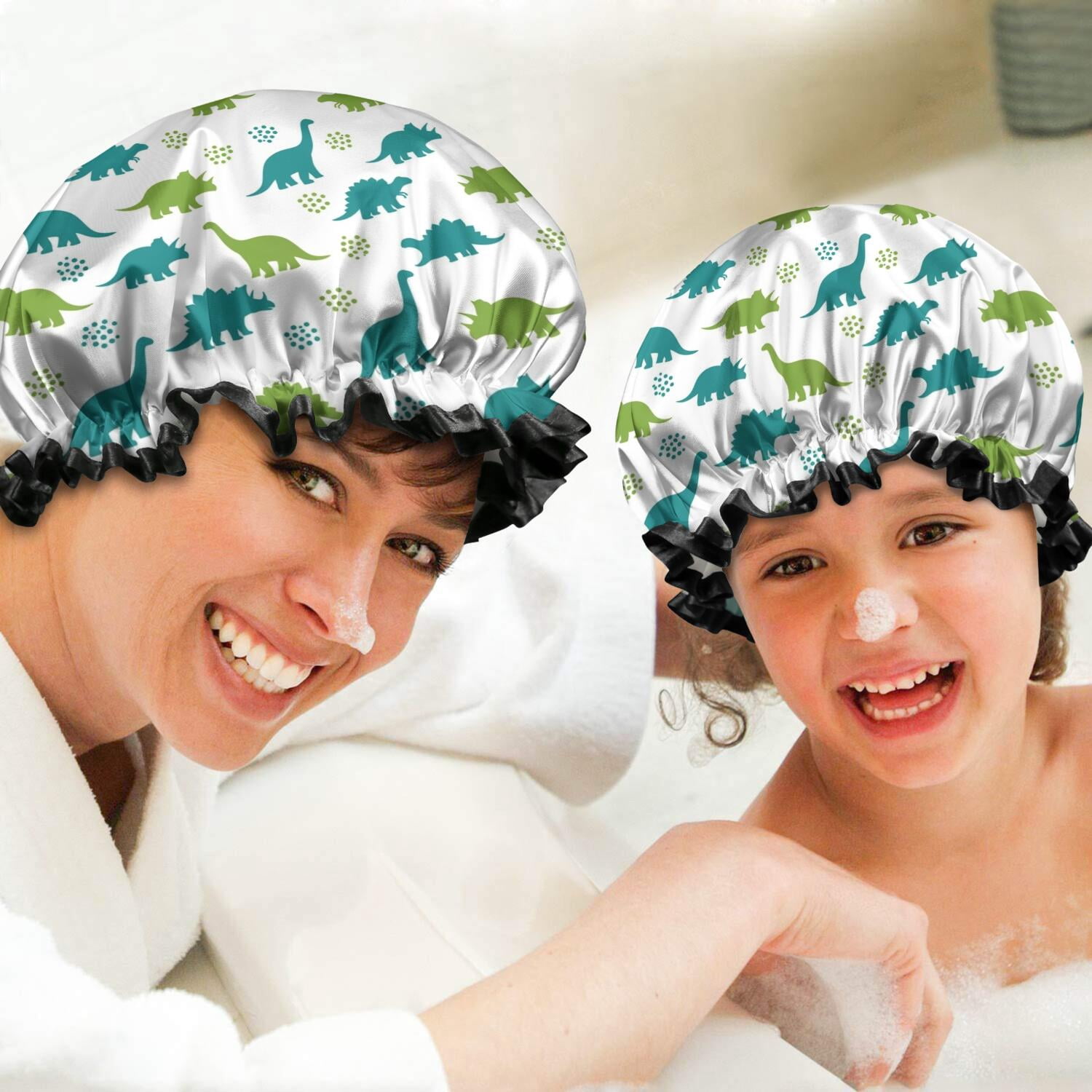 Shower Caps,White Dinosaurs Silhouette Pattern Waterproof Shower Cap for Women 4 Pieces,Double Reusable Hair Cover for Shower PEVA Elastic Stretch Hem