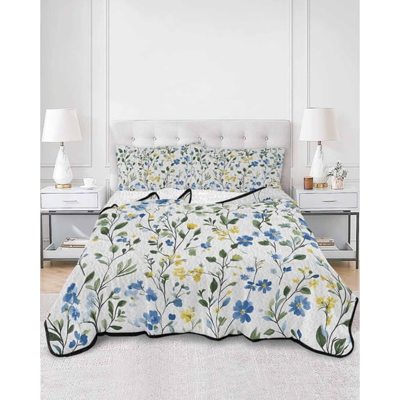 Quilts King Size, Blue Yellow Floral Spring Soft Comforter Bedding Set for Bed, Summer Botanical Green Pastoral Lightweight Quilted Bedspread with Pillow Cover(2 Pieces) for All Season, 96x106 Inch