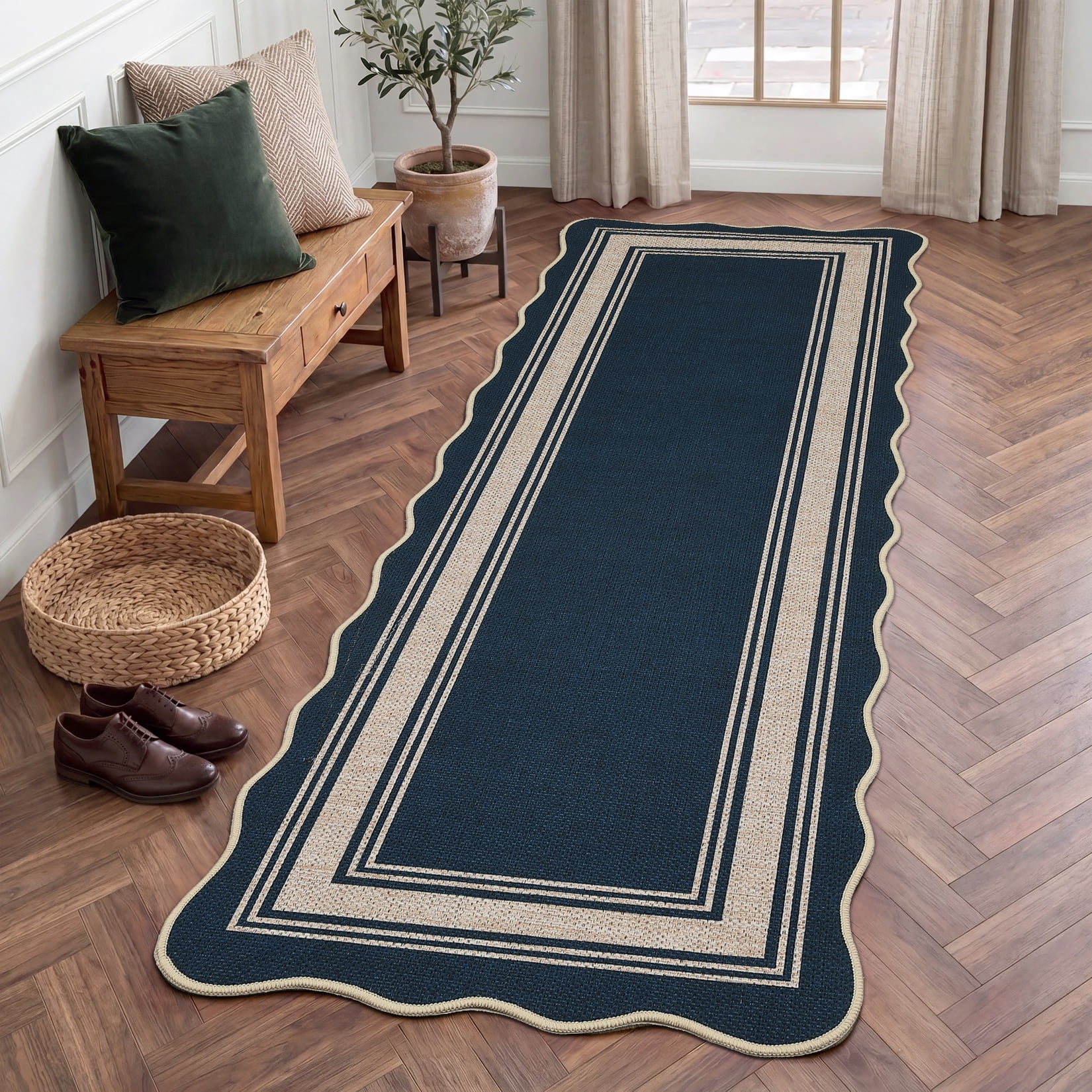 HIWEAVER Navy 2' x 6' Easy Jute Runner for Kitchen Non Slip Stain Resistant Scalloped Indoor Outdoor Throw Carpet Non Shedding Modern Geometric Mat for Hallway Outdoor Patio Rug