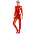 thumbnail image 2 of YONGHS Women's Shiny Holographic Unitard Zentai Jumpsuit Mock Neck Zipper Front Bodysuits Catsuits Red 3XL, 2 of 6