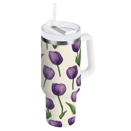 

30 Oz Car Handle Water Cup 9.9x3.5 Inch Stainless Steel Water Cup With Handle Water Cup Car Water Cup Travel Coffee Cup Purple Tulip2