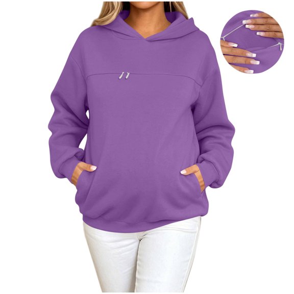 Admvng Womens Hoodie Sweatshirt Zipper Pocket Long Sleeve Solid Basic Casual Maternity Pullover Tops