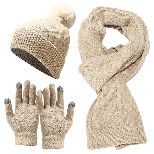 Gorro cálido de punto de invierno para mujer + bufanda larga + conjunto de guantes, gorros, bufandas para el cuello para mujeres y hombres - Beige