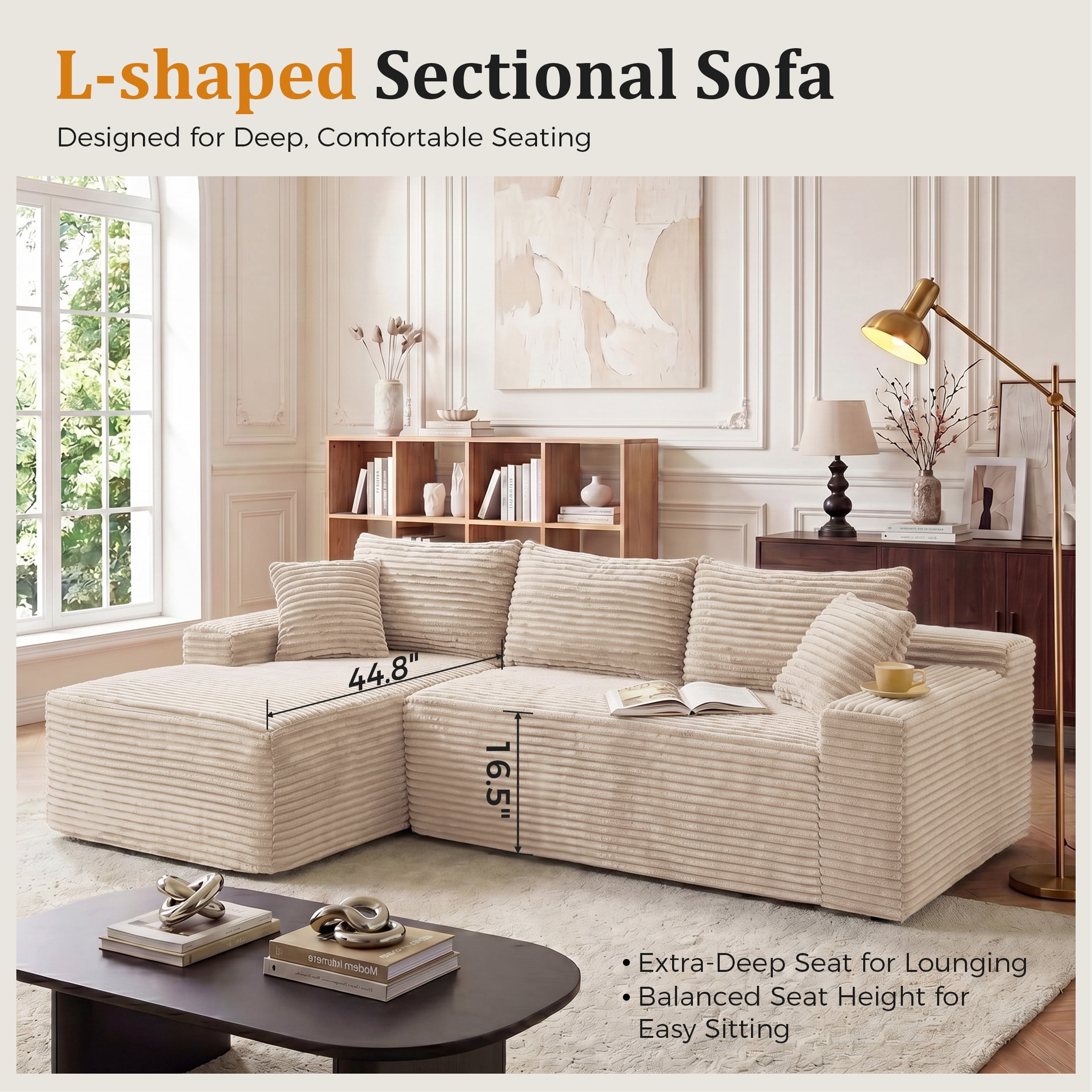 Aenkyo 106 Inch Corduroy L-Shaped Cloud Sectional Sofa with Reversible Chaise, Camel