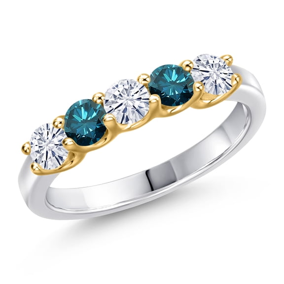 Gem Stone King 10K Two Tone Gold White Moissanite and Blue Diamond Wedding-Bands Ring for Women | 0.78 Cttw | Round 3.5MM | Gemstone Birthstone | Size 5