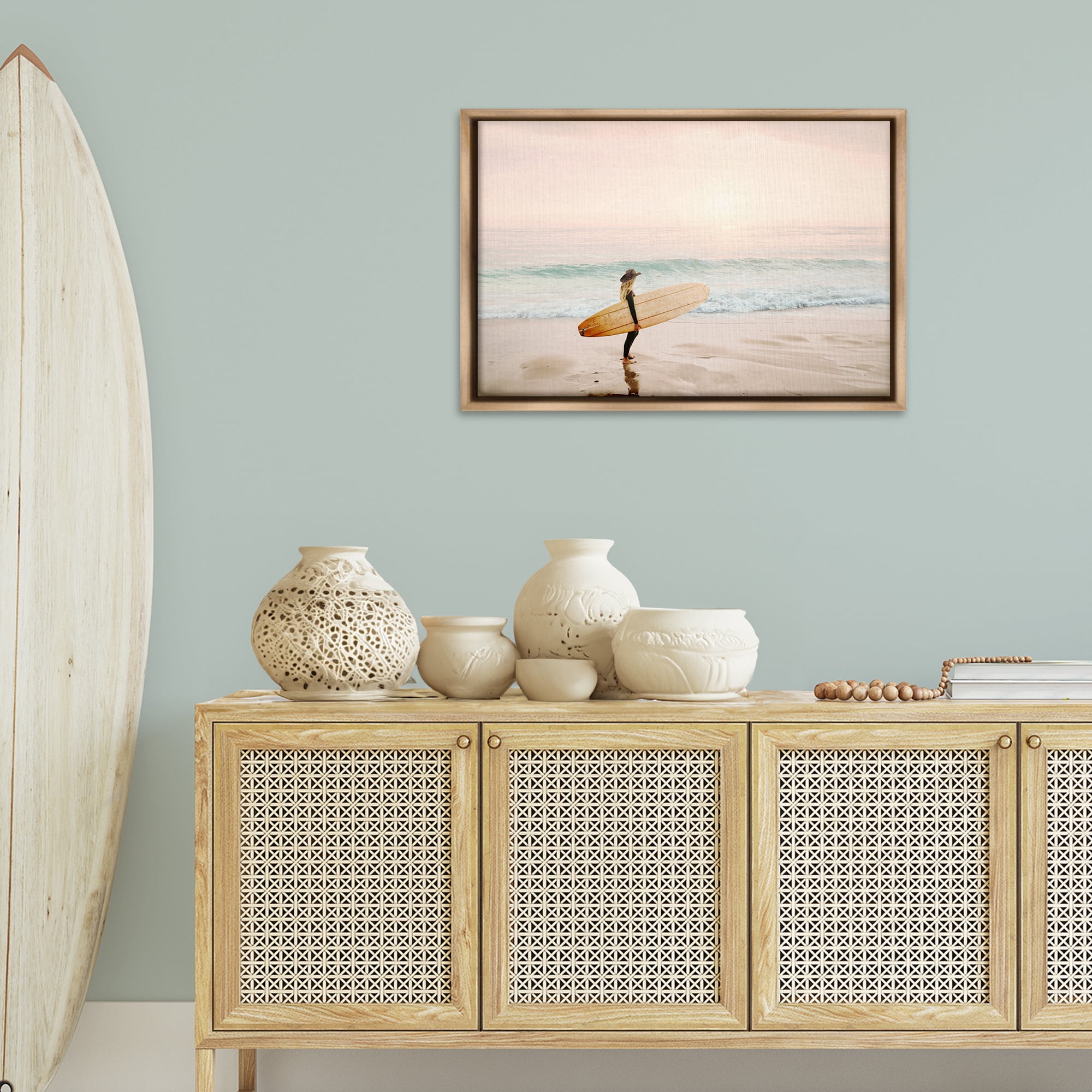 Stupell Industries Surfer Cowgirl on Beach Sports Photography Brown Floater Framed Canvas Art Print Wall Art, 31 x 21