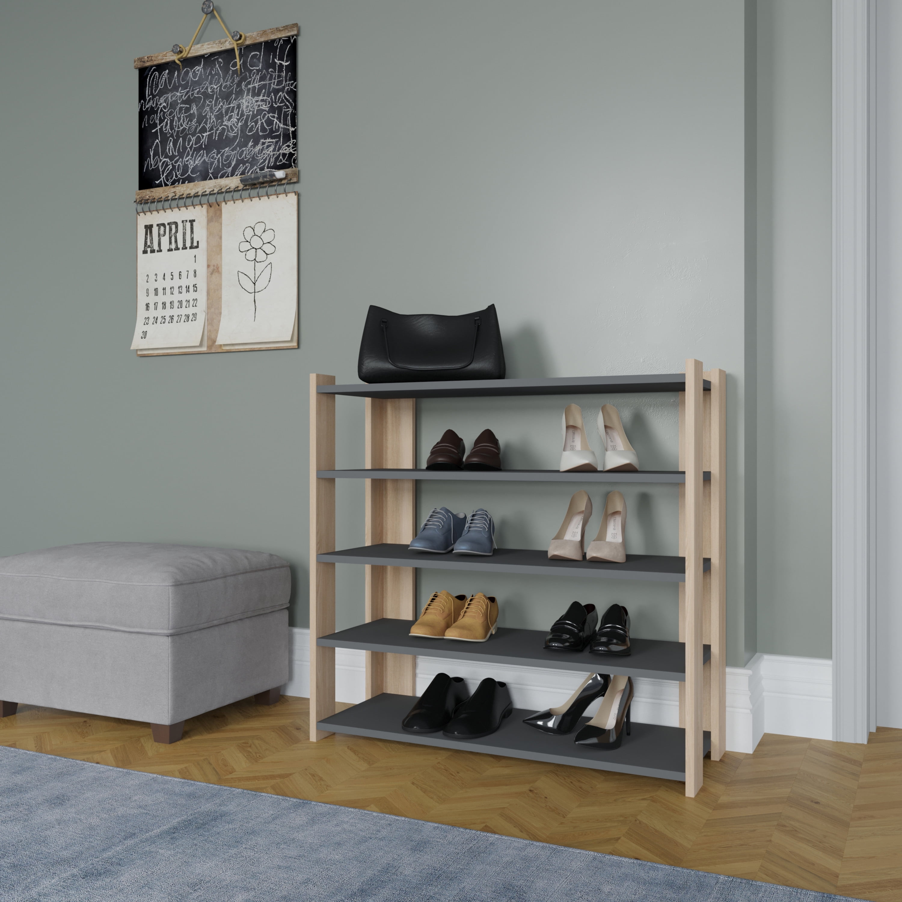 Ada Home Decor Furniture 4 Tier 16 Pair Oak Anthracite Gordon Modern Shoe Rack