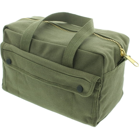 ARMYU Heavy Duty Small Tool Bag Tactical Cotton Canvas Mechanics Bag, 11" x 7" x 6", Olive - Brass Zipper