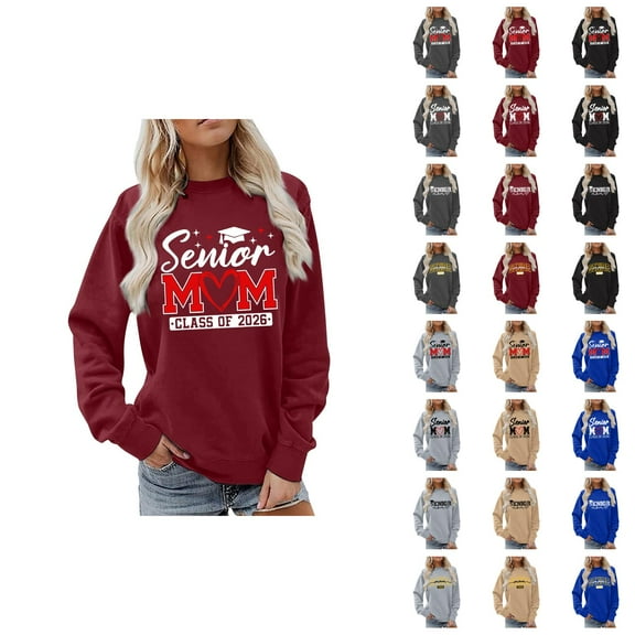 Senior Mom Sweatshirts for Women Class Of 2026 Long Sleeve Crewneck Graphic Sweatshirt Pullover Tops