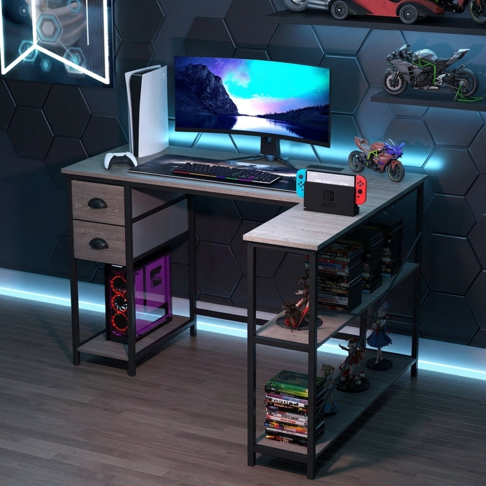 Furnibear L Shaped Desk with Charging Station, Corner Computer Desk with 2 Fabric Drawers and Open Shelves for Home Office Study Gaming, Oak
