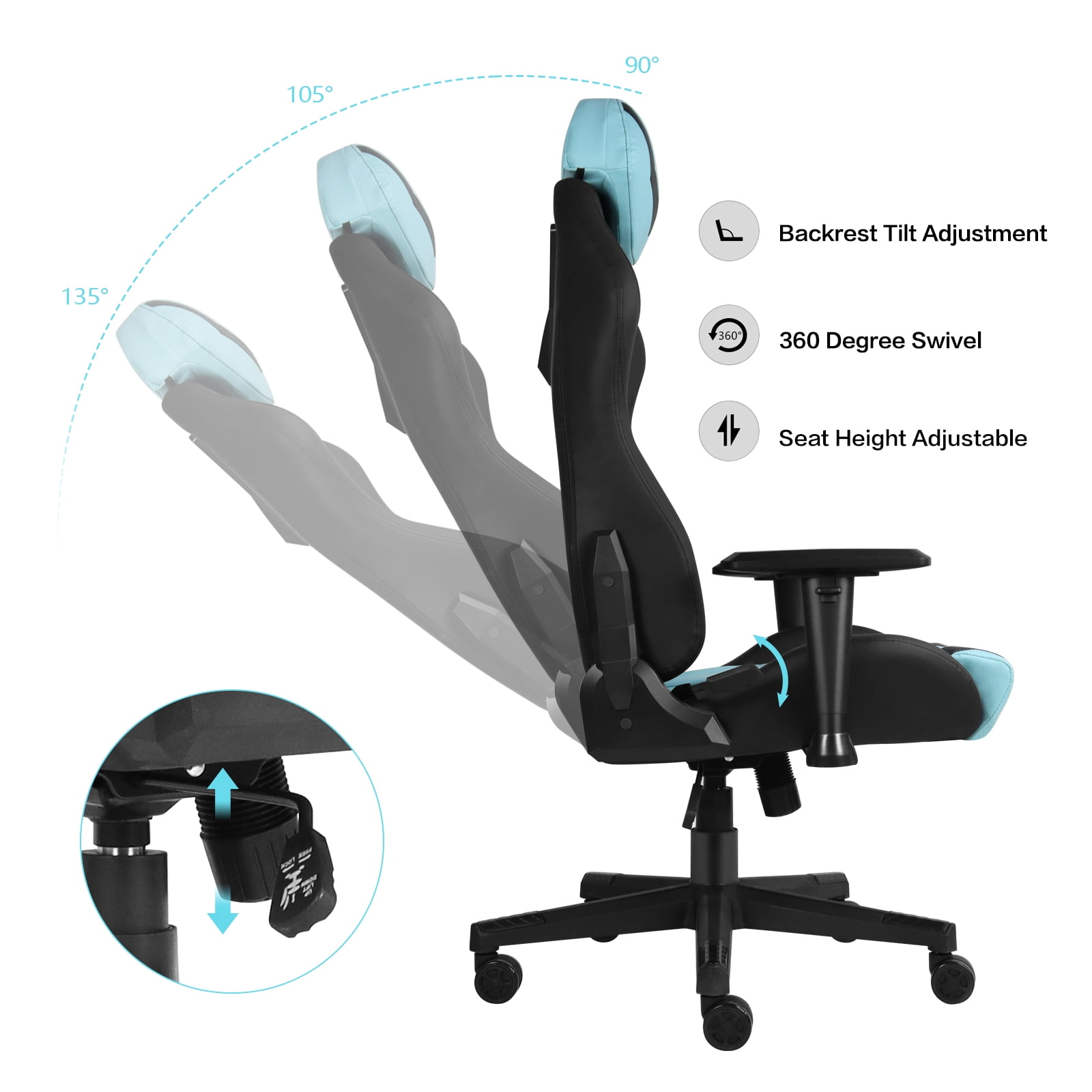 Ergonomic Gaming Chairs for Adults with High-Density Memory Foam | Swivel Comfortable Office Chair, Big and Tall Video Game Chair, High Back Computer Chair for Home, Office, Cyan Black