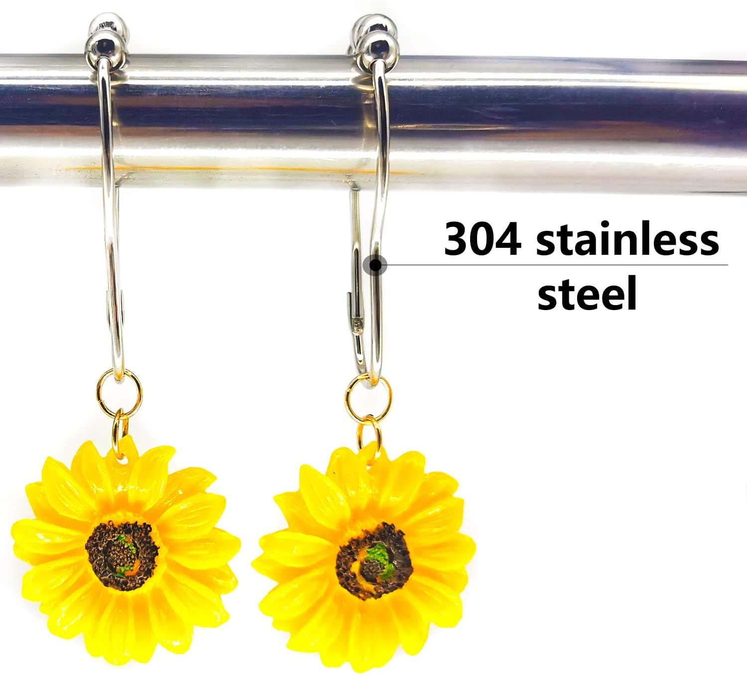 12Pcs 304 Stainless Steel Shower Curtain Rings and Hooks for Bathroom Shower Rodshooks & Liners Curtains-Yellow & Black Sunflower Shower Curtain Rings Hooks