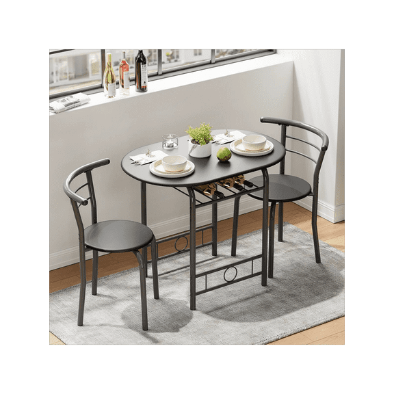 3-Piece Round Wood Dining Table and Chair Set with Built-In Wine Rack, Space Saving Breakfast Furniture for Kitchen, Dining Room & Bar