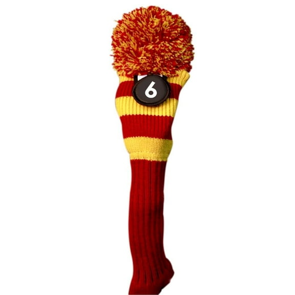 Majek #6 Hybrid Rescue Utility Red & Yellow Golf Headcover Knit Pom Pom Retro Classic Vintage Head Cover