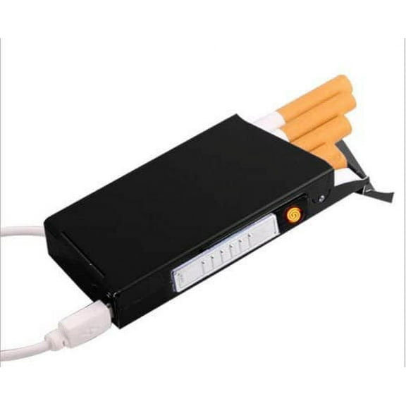 USB Rechargeable Windproof Metal Electric Built-in Flame Less Lighter Cigarette Cigar Storage Case- BLACK COLOR for 100s - GD-1376