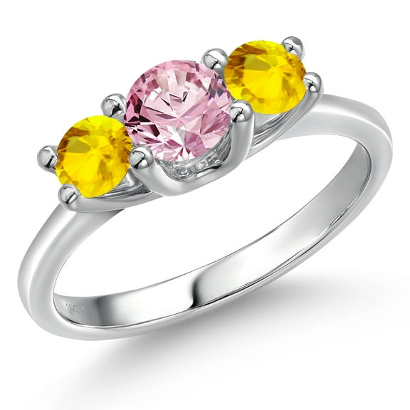 Gem Stone King 14K White Gold Pink Lab Grown Diamond & Yellow Sapphire 3-Stone Engagement Ring | 1.22 Cttw | Round 5MM and 4MM | Three Stone Wedding Anniversary Promise Ring for Women (Size 9)