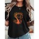 thumbnail image 1 of Camiseta con estampado de árbol de San Valentín para mujer. Cuello redondo informal, color negro suave con diseño de corazón naranja y blanco. Ideal para adultos, hombres, mujeres, adolescentes, jóven, 1 of 6