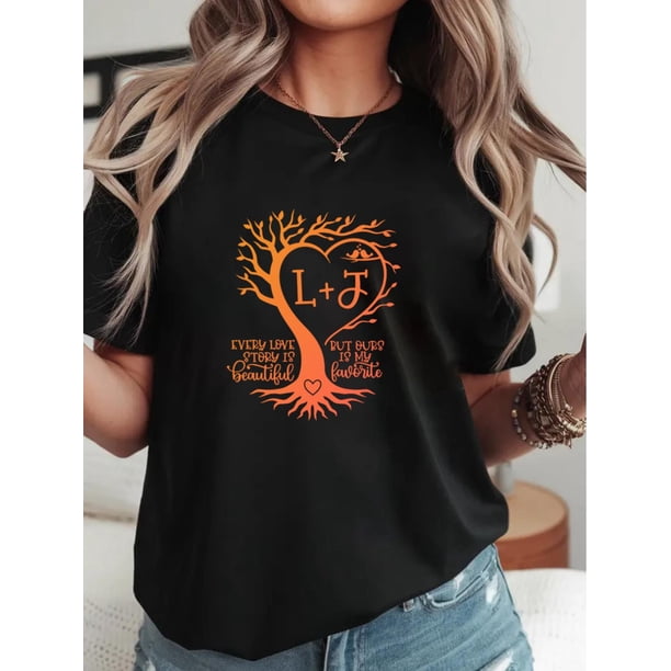 Camiseta con estampado de árbol de San Valentín para mujer. Cuello redondo informal, color negro suave con diseño de corazón naranja y blanco. Ideal para adultos, hombres, mujeres, adolescentes, jóven
